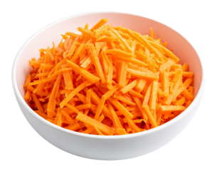 Fresh shredded carrots wooden in bowl isolated on transparent background