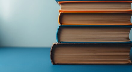 Stack of hardcover books with colorful edges on blue surface against light background