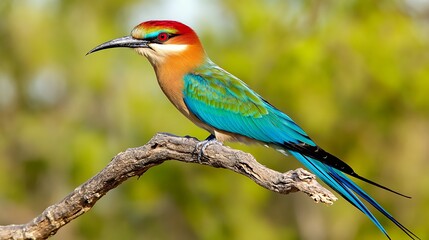 Obraz premium Multicolored Bird Perched on Branch, Vibrant Plumage, Green Background