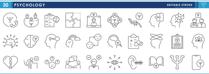 A set of line icons related to Psychology. Mind, counselling, peace, check, meditation, and so on. Vector editable stroke.