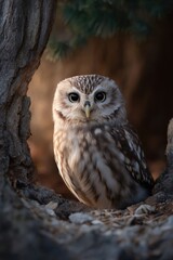 Fototapeta premium A whimsical baby owl perched in a tree hollow, illuminated by soft ambient moonlight.