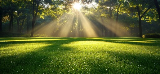 Sunbeams Illuminating a Serene Green Meadow