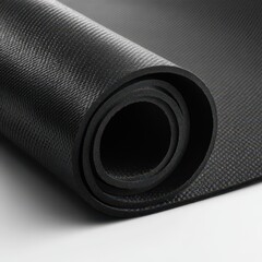 Rolled black exercise mat; textured surface, thick, dense material