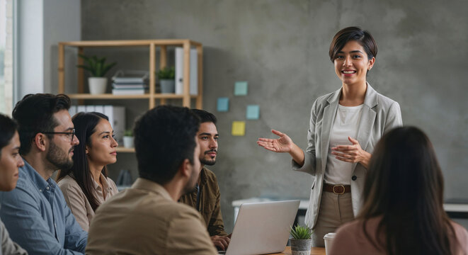 Confident business mentor leading leadership development session with co-worker in workplace training