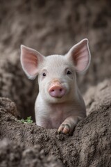 Fototapeta premium A piglet basking in warm afternoon light in a muddy pen, showcasing a serene farm-life moment.