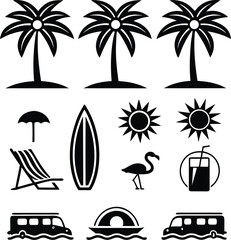 Black and white beach icons including palm trees sun surfboard and flamingo in vector format design