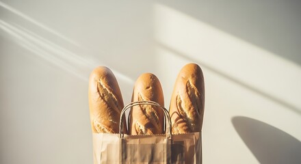 Fresh French baguette loaf in kraft paper bag with natural light shadow