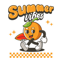 Cool Orange Fruit Mascot with Surfboard and Summer Vibes Text – Fun Cartoon Character Illustration