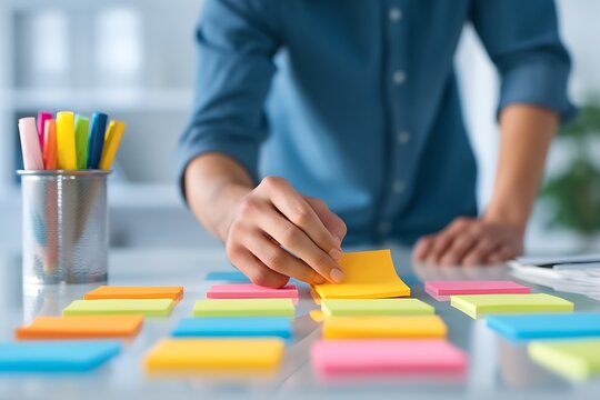 entrepreneur organizing workspace with sticky notes - Powered by Adobe