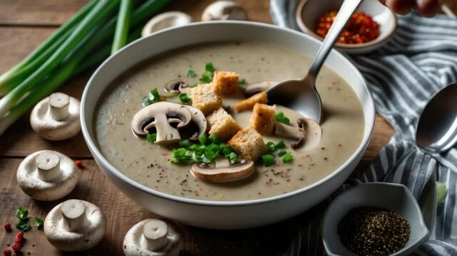 Creamy mushroom soup garnished with croutons and fresh green onions, surrounded by whole mushrooms and spices, set on a rustic wooden table for a cozy dining experience.
