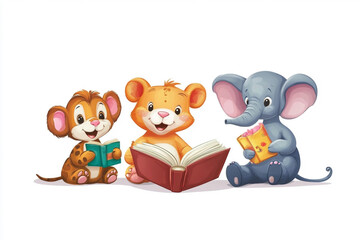 Fototapeta premium cartoon characters cute animals reading books white background
