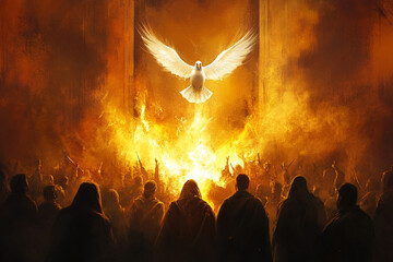 Pentecost. The descent of the Holy Spirit on the followers. People in front of a burning fire with white dove above them. Digital painting