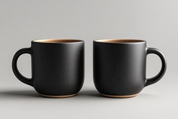 Two black mugs with tan rims on a neutral background