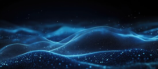 Abstract digital landscape of glowing, undulating blue particles on a dark background
