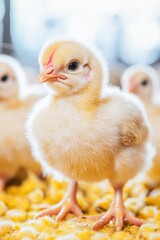 Close-up of a healthy chick in a clean farm environment, highlighting the importance of biosecurity to prevent bird flu and avian influenza outbreaks.