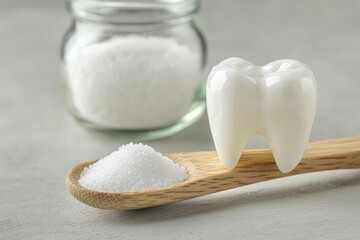 Wooden spoon with powdered salt and tooth model