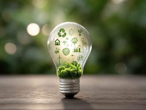 A clear lightbulb containing green eco-friendly icons and small plants sits on a wooden surface against a blurred green background