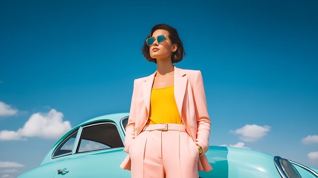 Fototapeta model in pastel suit standing in front of vintage car under blue sky
