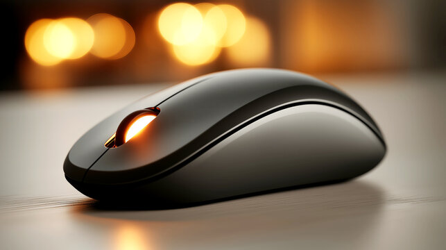 Modern wireless mouse with glowing scroll wheel on wooden desk, warm ambient light