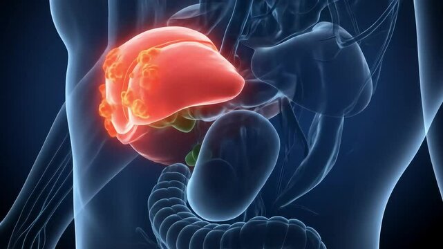 Anatomical illustration of a liver with lesions.