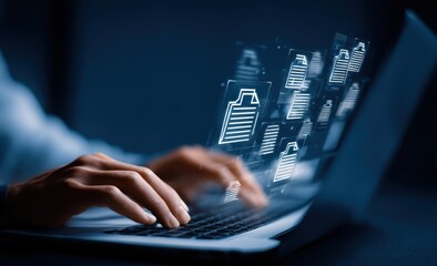 Close-up of hands typing on laptop; digital documents float above the keyboard, suggesting data management or online file access
