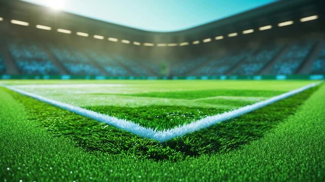 Vibrant close-up of a soccer field with a pristine, bright green grass surface and well-defined white lines, illuminated by sunlight, capturing the essence of an energetic sporting atmosphere.