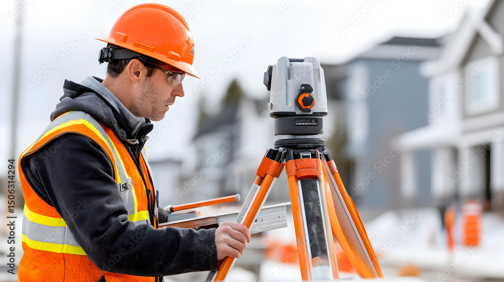 Poster surveyor using leveling tool at a construction site
