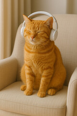 Orange Tabby Cat Relaxing with Headphones on a Chair - Generative AI