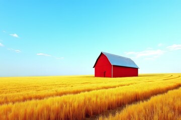 Red Barn in a Golden Wheat Field Under a Clear Sky