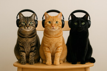 Tabby, Ginger, and Black Cats Listening to Music Together on a Chair - Generative AI