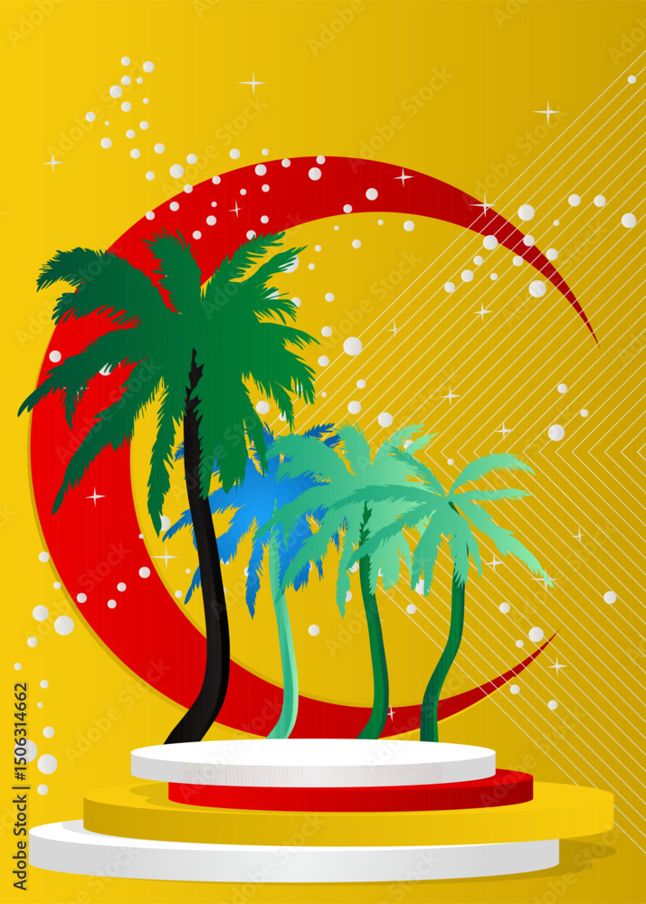 Poster mockup product display with palm tree. vector cylinder pedestal podium. stage showcase for presentat
