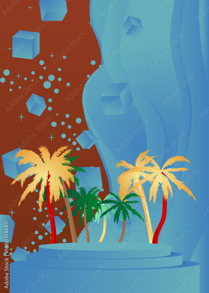 Poster mockup product display with palm tree. vector cylinder pedestal podium. stage showcase for presentat