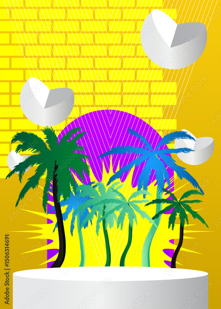 Poster mockup product display with palm tree. vector cylinder pedestal podium. stage showcase for presentat