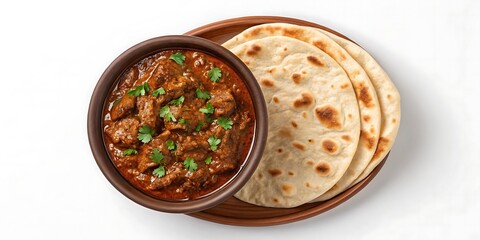 Delicious indian beef curry with roti bread isolated on white background