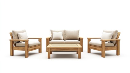 Fototapeta premium Light-wood patio set with beige cushions