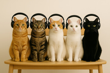 Five Cats with Headphones on a Chair – Tabby, Ginger, Bicolor, White, and Black - Generative AI