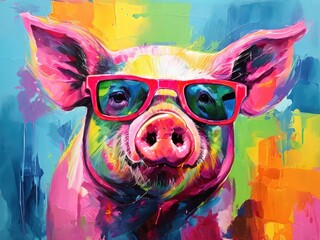 an AI Image Generator, Colorful Abstract Painting of a Pig Wearing