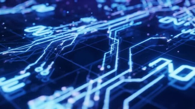 A digital visualization of quantum circuits showing glowing qubits connected by light trails on a dark abstract grid background, illustrating advanced quantum computing technology