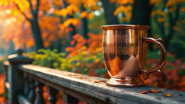 Copper Mug on Weathered Wooden Rail Surrounded by Vibrant Autumn Foliage and Soft Morning Light Enhancing the Warm Tones of the Scene in a Serene Outdoor Setting