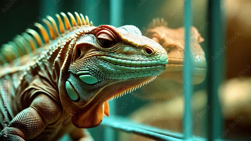 Poster vibrant close-up of a colorful iguana displaying detailed scales and unique patterns in a caged envi