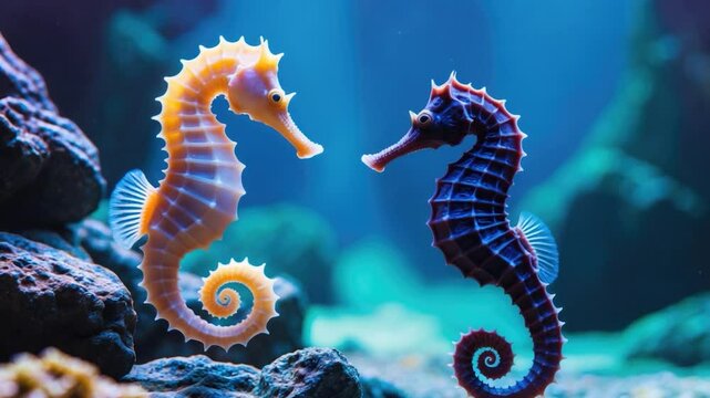 Two vibrant seahorses engage in a playful interaction underwater, one in soft orange hues and the other in rich dark tones, surrounded by rocky formations and a serene blue backdrop.