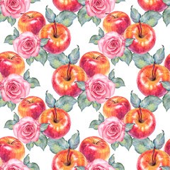 Watercolor seamless pattern with red apple and rose with green leaves on white background. Summer and autumn sweet food. Fruit for dessert. Cookbook and card menu or recipe. Wallpaper or wrapping