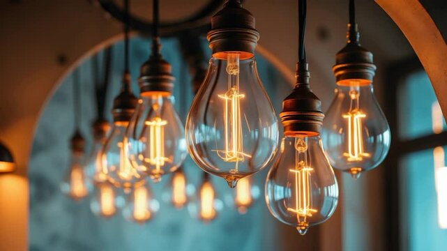 Vintage-style incandescent light bulbs with warm glowing filaments hanging from a decorative ceiling fixture in a cozy and inviting atmosphere.
