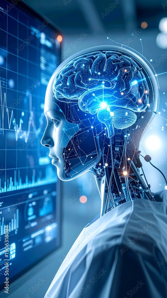 Poster ai brain futuristic cyborg with glowing brain and digital screen in a lab setting.
