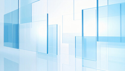 浮かぶ青のアクリル　淡い青色の半透明アクリル板が幾何学的に浮かぶ　静かで洗練された未来的なデザイン