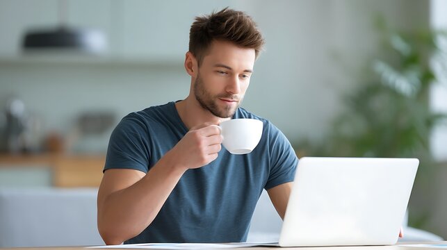 man sipping tea while reviewing reports on laptop