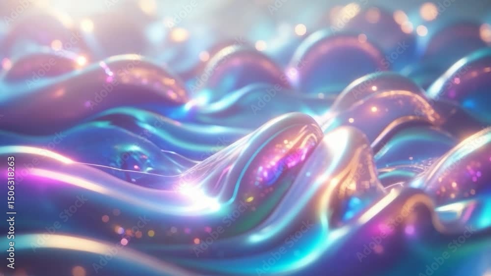 Poster colorful abstract fluid waves with shimmering highlights and soft curves, creating a dreamy and ethe