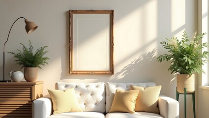 Modern living room with white sofa and ornate frame