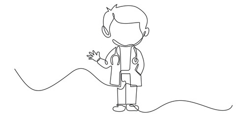 one continuous line of little doctor waving hand.one line drawing of cute doctor.child in doctor's clothes.minimalist line vector illustration