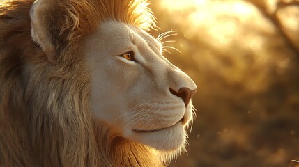 A close-up portrait of a majestic lion basking in the golden light of sunset, with soft shadows accentuating the power and grace of the king of the jungle